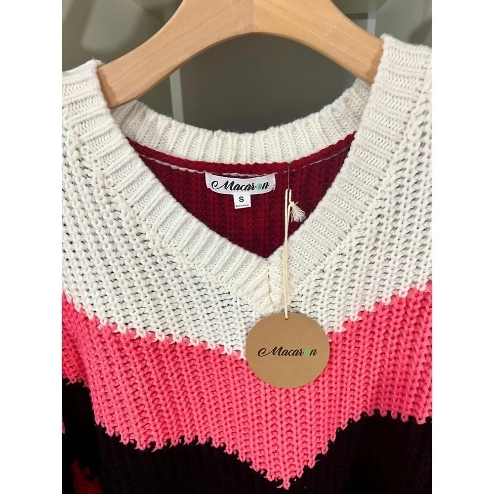 New! V Neck Pink Multi Puff Sleeve Oversized Chevron Sweater! - Picture 5 of 10